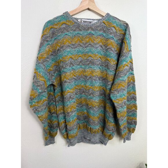 Vintage Pronto Uomo 3D Wavy Knit Horizontal Stripe Size Large Italy‎ Retro - Picture 1 of 14